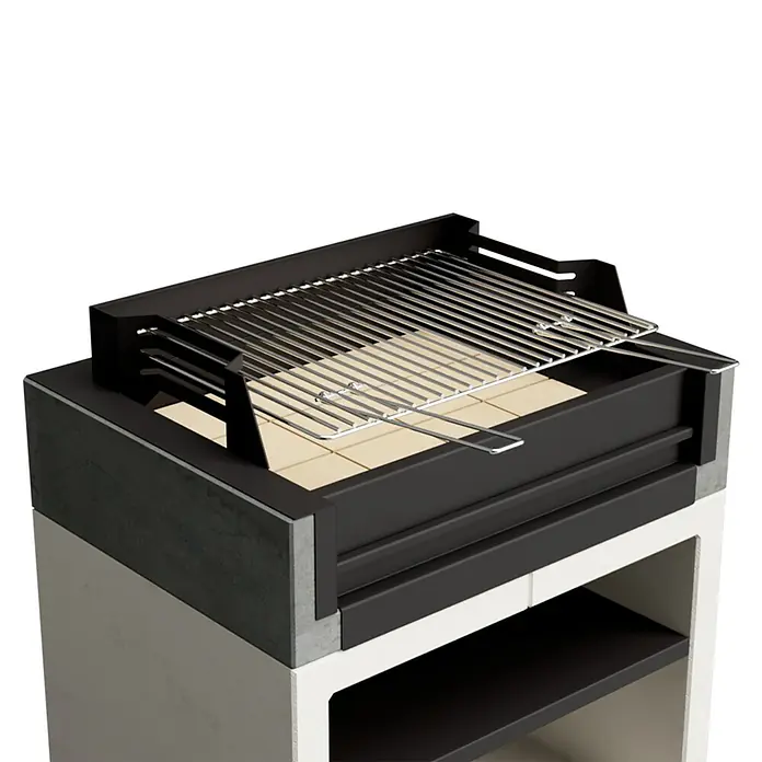 Tuozi Kitaway Holzkohlegrill - Grau/Weiß, B x T x H: 94 x 63 x 115 cm - Produktbild eines Grills mit Grillrost. Der Grill ist aus Metall und hat eine Ablagefläche. Ideal für sommerliche Grillabende.