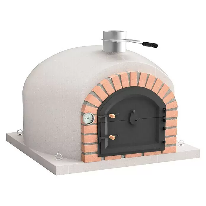 Movelar Outdoorküchen-Modul Gran Canária - Weiß, B x T x H: 120 x 120 x 65 cm - Weißer Outdoor-Pizzaofen mit Ziegelbogen um eine schwarze Metalltür, Thermometer und silbernem Schornstein.