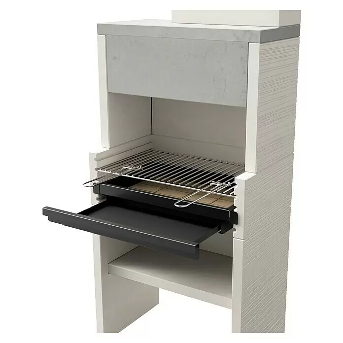 Tuozi Venit Holzkohlegrill - Weiß-Grau, B x T x H: 78 x 47 x 197 cm - Weiß-grauer Beton-Grill mit Metallrost, ausziehbarer Ascheschublade und Ablage.