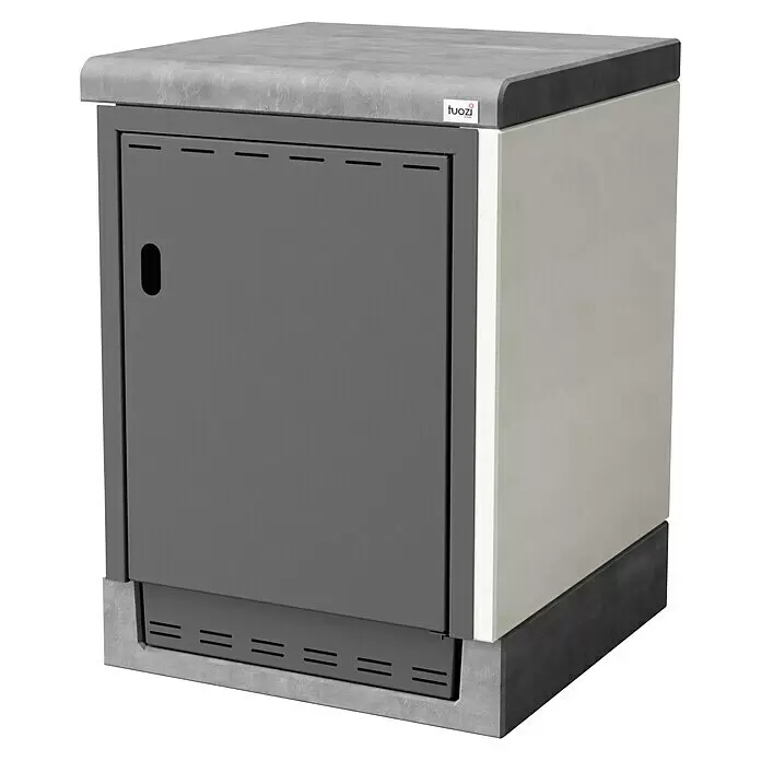 Tuozi Kitaway Outdoorküchen-Modul Seitenschrank - Grau/Weiß, B x T x H: 61 x 63 x 85 cm - Grauer Outdoor-Schrank mit Beton-Effekt-Platte und Sockel, ausgestattet mit einer dunkelgrauen Tür mit Lüftungsschlitzen.