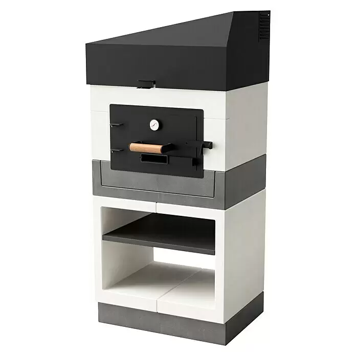 Tuozi Kitaway Outdoorküchen-Modul Backofen - Grau/Weiß, B x T x H: 84 x 63 x 206 cm - Modularer Außenofen mit schwarzer Metallhaube und Tür, weiß-grauem Blockuntersatz und Holzgriff.