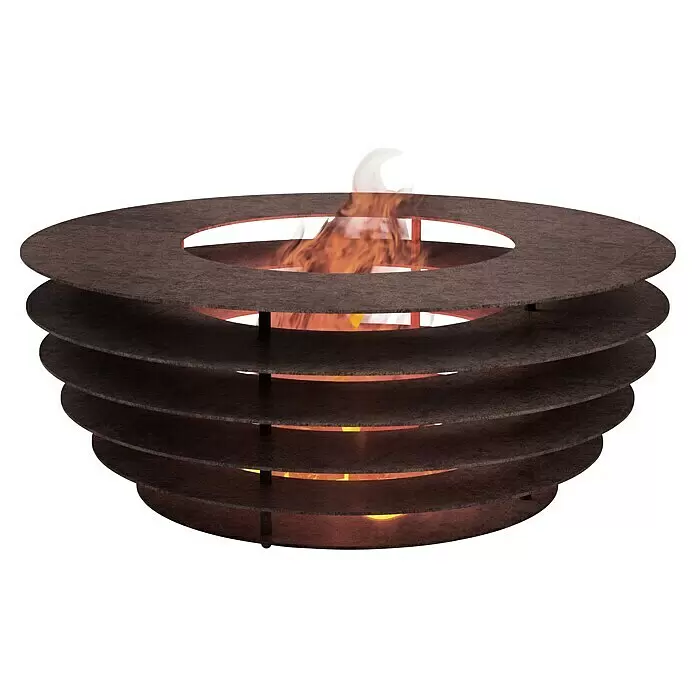 Tuozi Feuerschale Phobos - L x B x H: 60 x 60 x 24 cm, Cortenstahl - Dunkle, mehrschichtige runde Feuerstelle mit inneren Flammen.