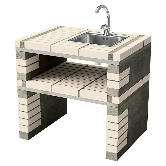 Movelar California Plus XL Outdoorküchen-Modul Spüle - Beige, B x T x H: 81 x 64 x 86,5 cm - Freistehende Außenspülbecken-Einheit aus hellen Ziegeln und Beton, mit Edelstahlspüle, Armatur und unterem Regal.
