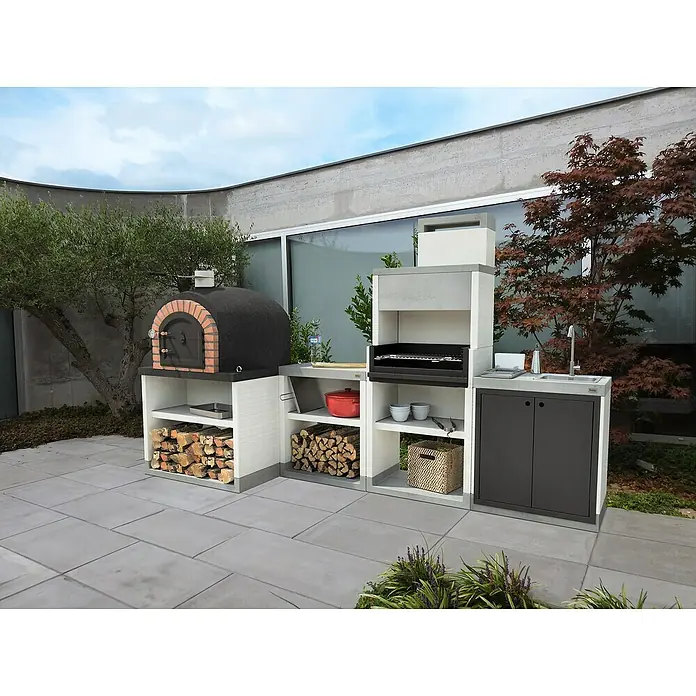 Tuozi Venit Outdoorküchen-Modul Seitenschrank - Weiß-Grau, B x T x H: 78 x 47 x 88 cm - Ein modernes Outdoor-Küchenset mit Pizzaofen, Grill und Spüle, ideal für kulinarische Erlebnisse im Freien.