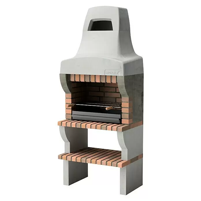Movelar Palermo Holzkohlegrill - Grillfläche (B x T): 69,5 x 35 cm, Grau - Großer grauer Beton- und Ziegelgrill mit Metallrost und unterer Ziegelablage.