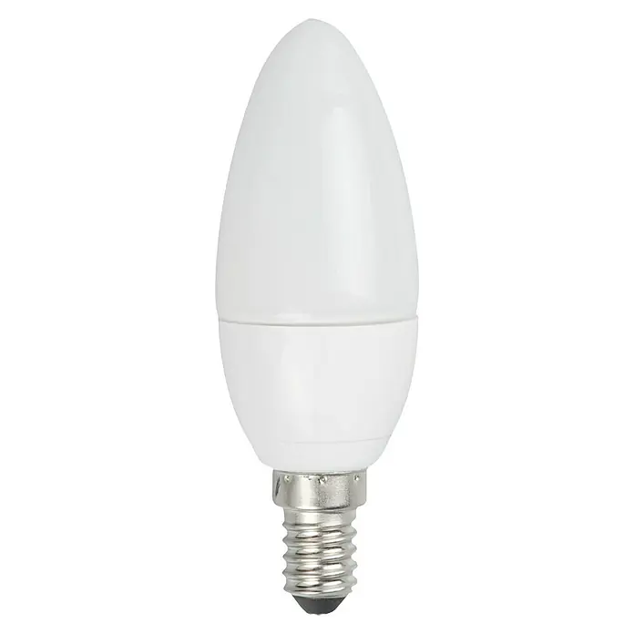 Garza Bombilla LED - E14, No regulable, Blanco frío, 640 lm, 8 W, Vela - Primer plano de una bombilla LED E14 blanca mate, perfecta para iluminación ambiental con funciones de ahorro de energía.\n