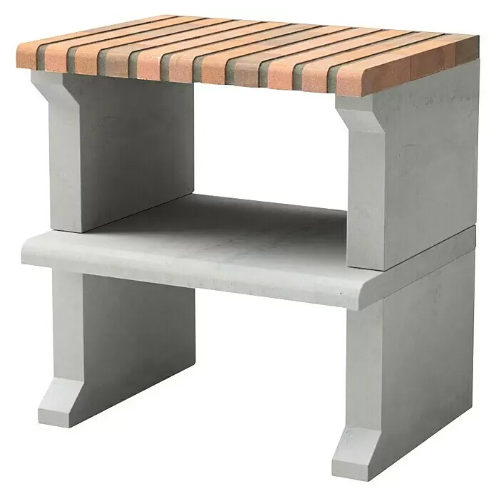 Movelar Ragusa Outdoorküchen-Modul - Grau, B x T x H: 80 x 58 x 76 cm - Zweistufige Bank mit grauem Betonfuß und Lattenrost aus hellem Holz.