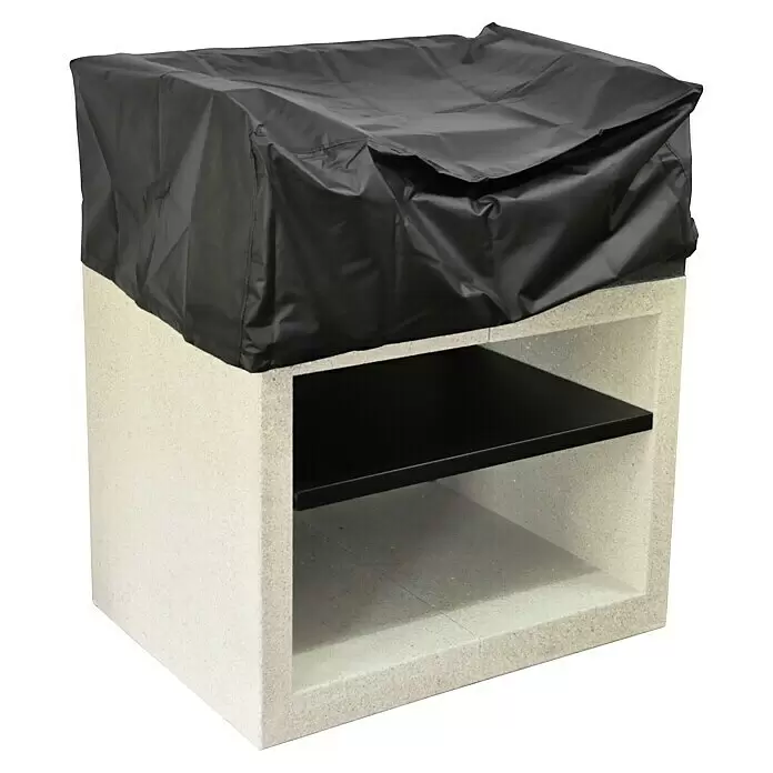 Tuozi Kitaway Grill-Schutzhülle - Passend für: Tuozi Kitaway Holzkohlegrill ohne Kaminabzug, Kunststoff - Helle Outdoor-Einheit mit schwarzem Regal, geschützt durch eine schwarze Abdeckung.