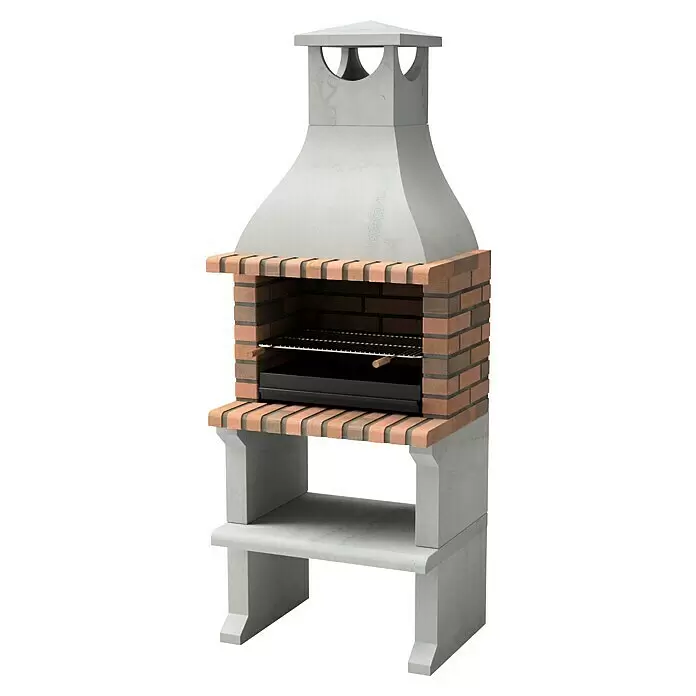 Movelar Ragusa Holzkohlegrill - Grillfläche (B x T): 59,5 x 35 cm, Grau - Grauer Beton- und rotbrauner Ziegelgrill mit schwarzem Metallrost und Schornstein.