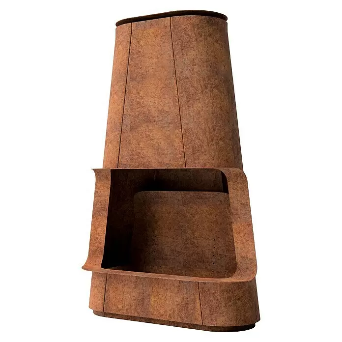 Tuozi Feuerschale Apollo - L x B x H: 125 x 53 x 190 cm, Cortenstahl - Rostiger Metall-Gartenkamin mit hohem Schornstein und vertiefter Brennkammer.
