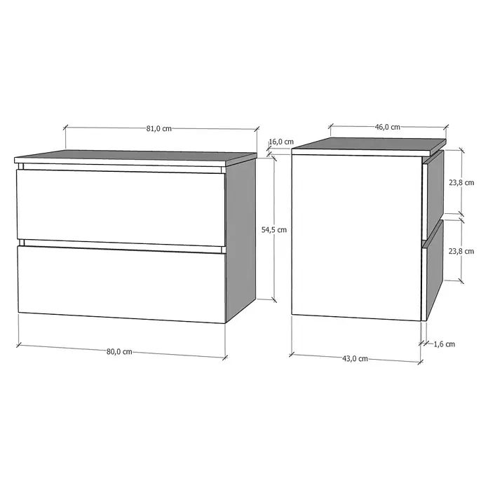 Artysan Mueble bajo de lavabo White - L x An x Al: 46 x 80 x 54,5 cm, Blanco/Nature - Ilustración de un mueble de lavabo con cajones y dimensiones, destacando las medidas y el diseño del mueble.