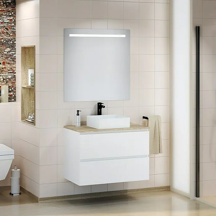 Artysan Mueble bajo de lavabo White - L x An x Al: 46 x 80 x 54,5 cm, Blanco/Nature - Un elegante baño con un mueble de lavabo blanco de dos cajones, un moderno lavabo sobre encimera y un espejo iluminado y elegante.