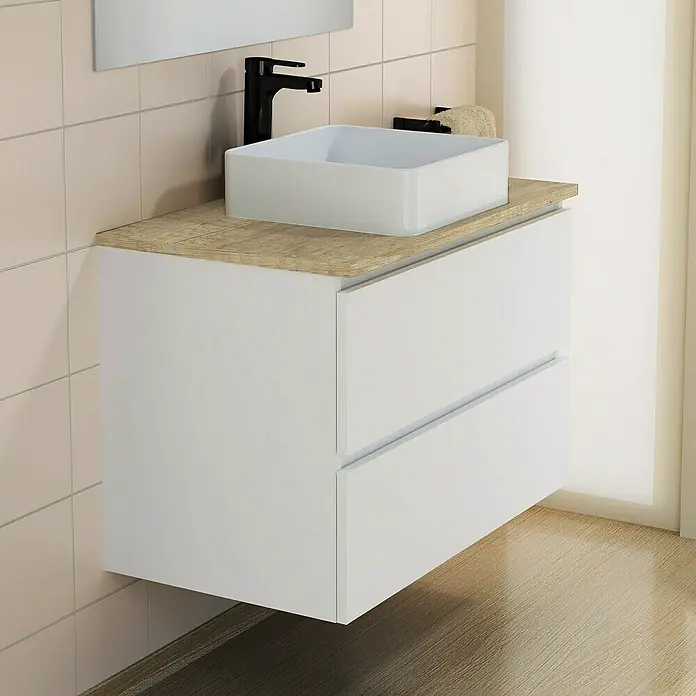 Artysan Mueble bajo de lavabo White - L x An x Al: 46 x 80 x 54,5 cm, Blanco/Nature - Cuarto de baño moderno con lavabo blanco sobre mueble de madera con dos cajones y grifo negro.
