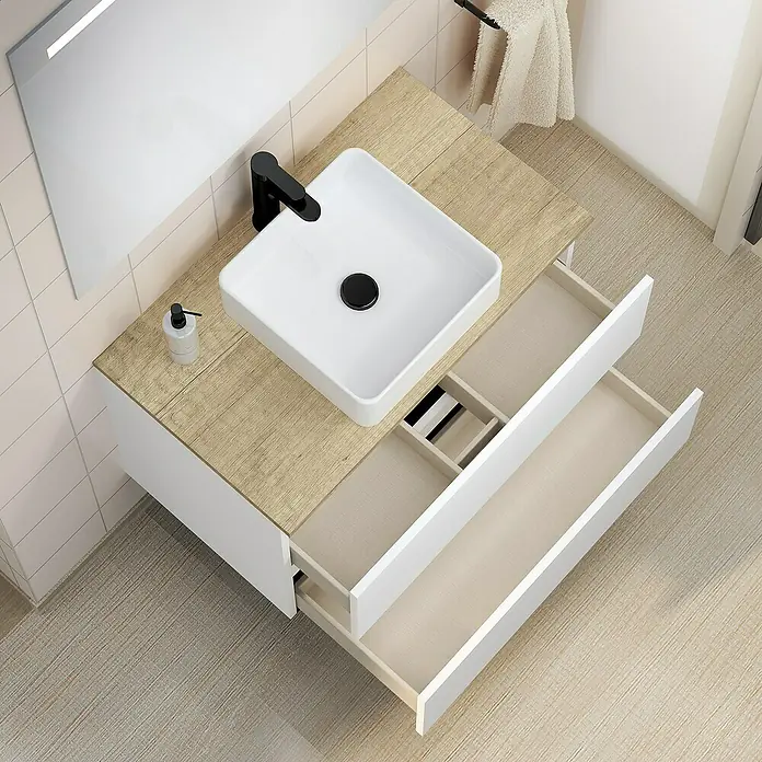 Conjunto de mueble de baño White - Blanco/Nature, Mate - Mueble de baño moderno con dos cajones en blanco y aspecto de madera. El lavabo de encimera cuadrado es muy llamativo.
