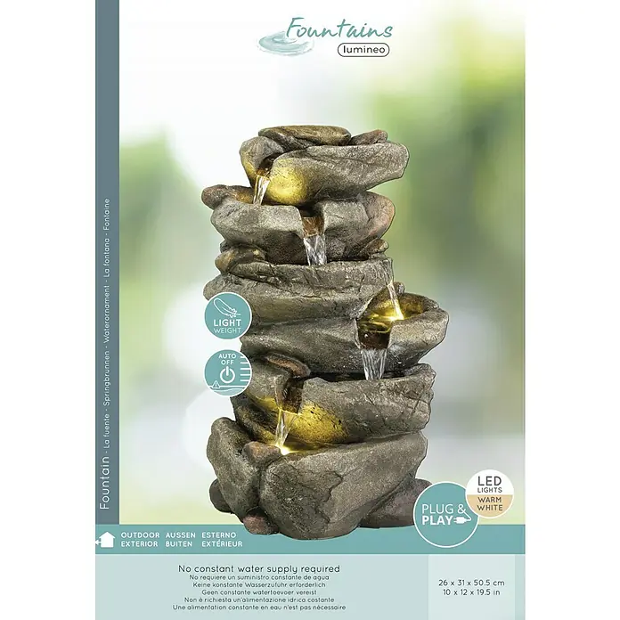 Fuente de jardín Caselle - 26 x 36 x 50 cm - Fuente de mesa decorativa de roca con iluminación LED para interiores y exteriores que crea un ambiente relajante.