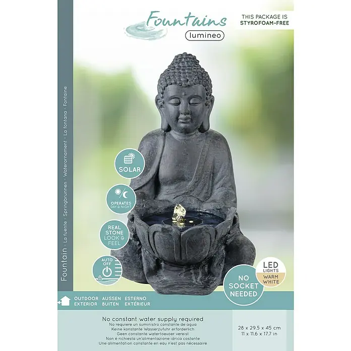 Fuente de jardín LED Mindoro - 28 x 30 x 45 cm - La estatua de jardín con fuente de Buda con iluminación LED funciona con energía solar y no requiere suministro de agua. Apto para uso en exteriores.