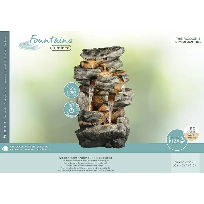 Fuente de jardín LED Barletta - 83 x 60 x 130 cm, Gris/Marrón - Imagen de una fuente Lumineo de varios niveles con iluminación LED, aspecto de piedra, ideal para uso exterior y fácil de enchufar.