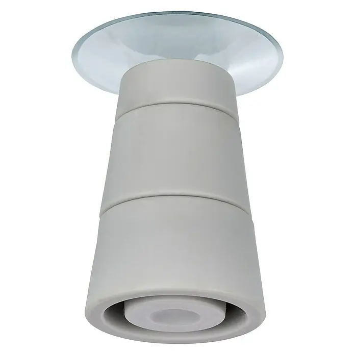 Wenko Placa de protección de vidrio Bon appetit - L x An: 52 x 30 cm, Bon Appetit, Panel de vidrio de seguridad - Primer plano de un tope de puerta blanco escalonado con una base circular transparente, de pie sobre una superficie plana.