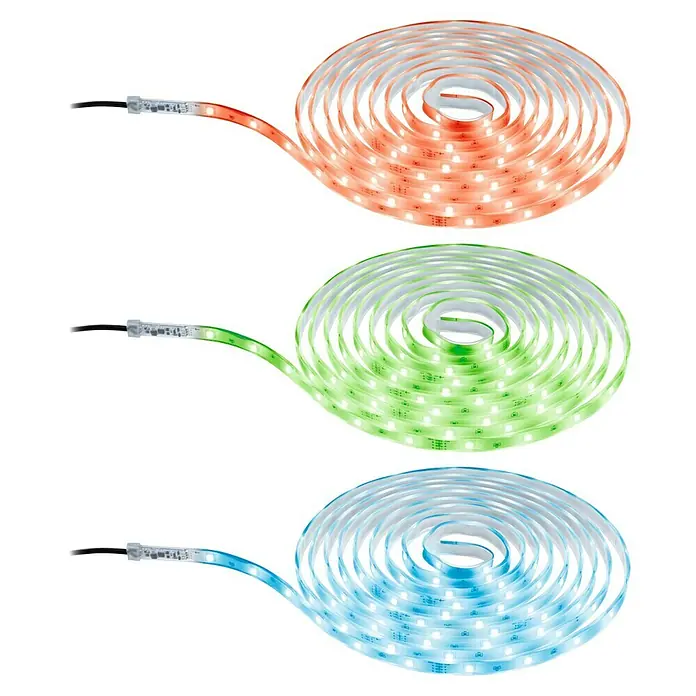 Paulmann SimpLED LED-Band-Set Outdoor RGB - Länge: 500 cm, Lichtfarbe: RGB, 15 W, 227 lm, 230 V - Drei LED-Streifen in Rot, Grün und Blau, aufgerollt dargestellt. Perfekt zur dekorativen Beleuchtung für jeden Raum.