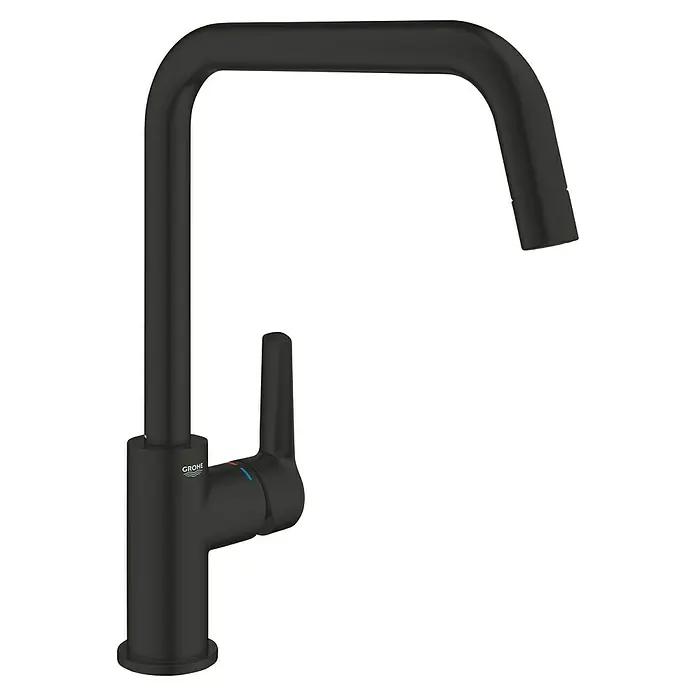 Grohe Start Spültischarmatur - Ausladung Armatur: 228 mm, Schwarz, Matt - Eine moderne, mattschwarze Küchenarmatur von Grohe mit einem hohen, schwenkbaren Auslauf und einem schlanken Hebel für die Wasserkontrolle.