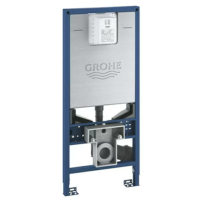 Grohe WC-Vorwandelement Rapid SLX - 2-Mengen-Spülung, L x B x H: 13,5 x 50 x 113 cm - Grohe Rapid SL Vorwand-Installationselement mit blauem Rahmen und grauem Spülkasten.
