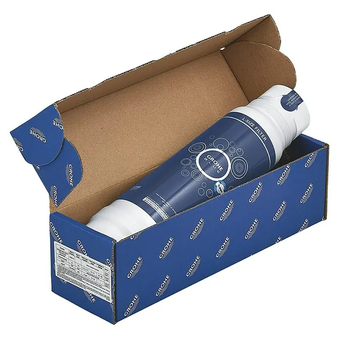 Grohe Blue Filter L-Size - Passend für: Grohe Blue Professional, Blue Pure & Red, Höhe: 35 cm - Der GROHE Blue L-Size Filter in seiner Verpackung. Ein Ersatzfilter für Ihr GROHE Wassersystem, um sauberes Wasser zu gewährleisten.