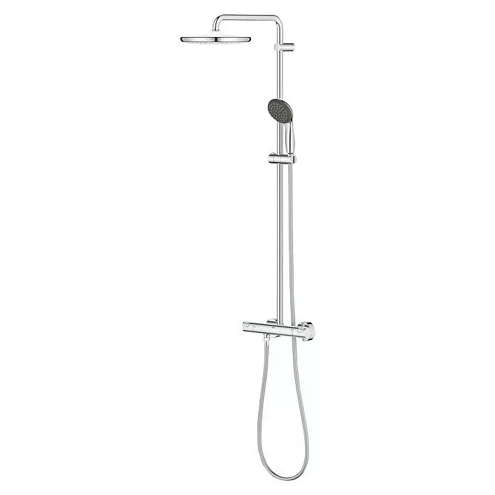 Grohe Vitalio Start Duschsystem 250 - Mit Thermostatarmatur, Lochabstand: 101,6 cm, Anzahl Strahlarten: 2 Stk., Chrom - Chrom-Duschsystem mit Kopf- und Handbrause sowie Thermostat.