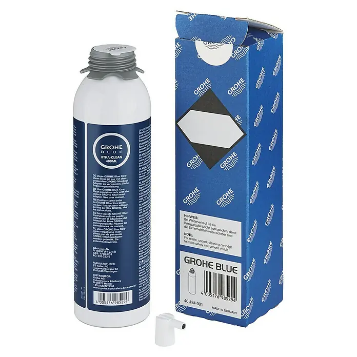 Grohe Blue Reinigungskartusche - Passend für: Grohe Blue Adapter, Höhe: 26,5 cm - GROHE Blue Xtra-Clean 400ml Flasche und Verpackung. Reinigungsset für GROHE Wassersysteme für ein sauberes und hygienisches Trinkwassererlebnis.