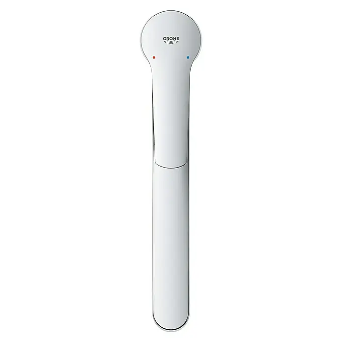 Grohe QuickFix Spültischarmatur Start - Ausladung Armatur: 227 mm, Chrom, Schwenkbereich: 140 ° - Nahaufnahme eines eleganten, verchromten Grohe Wasserhahn-Hebels mit roten und blauen Farbpunkten zur Temperaturanzeige.