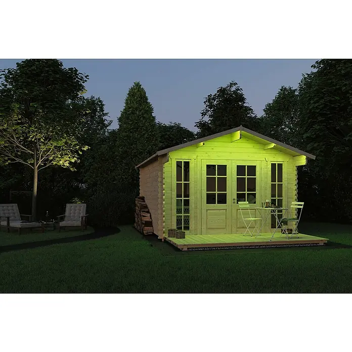 Paulmann SimpLED LED-Band-Set Outdoor RGB - Länge: 300 cm, Lichtfarbe: RGB, 11 W, 157 lm, 230 V - Helle, moderne Gartenlaube mit Doppeltür und seitlichem Fenster, ideal für entspannte Stunden im Freien. Holzscheitstapel an der Seite.