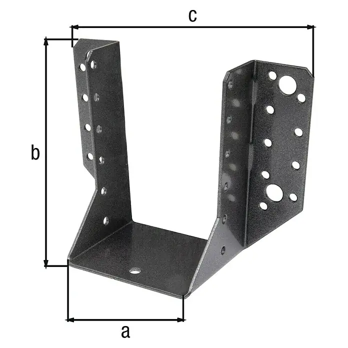 Alberts Balkenschuh Duravis® - B x H: 80 x 120 mm, Stahl - Abgebildet ist ein metallischer Balkenschuh mit den Maßen a, b und c, der zur Befestigung von Holzbalken dient.