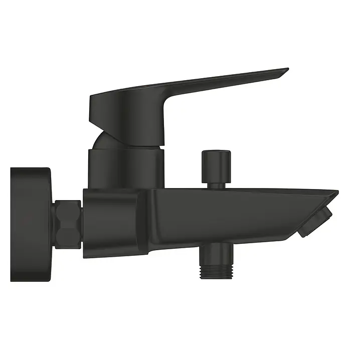 Grohe Start Badewannenarmatur - Ausladung Armatur: 18,8 cm, Schwarz, Matt - Nahaufnahme einer schwarzen Armatur mit Hebel und Thermostatknopf, die ein modernes Design und präzise Wasserregulierung bietet.