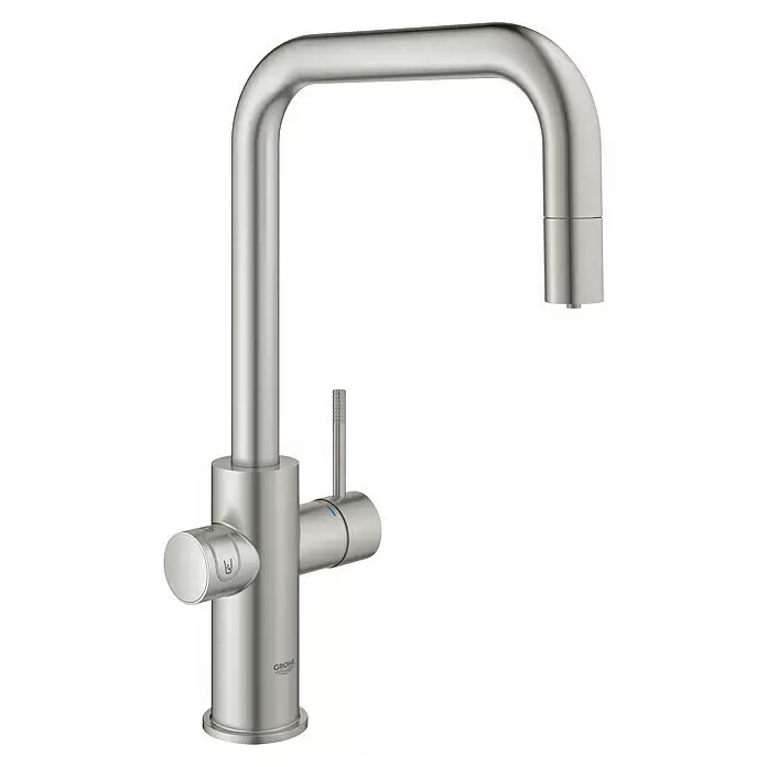 Grohe Spültischarmatur Blue Home - Höhe: 39,3 cm, U-Auslauf, Supersteel, Matt, Schwenkbar - Küchenarmatur aus gebürstetem Edelstahl mit U-Auslauf und integrierten Bedienelementen.