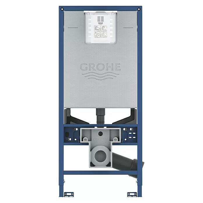 Grohe WC-Vorwandelement Rapid SLX - 2-Mengen-Spülung, L x B x H: 13,5 x 50 x 113 cm - Grohe Installationselement für Wand-WCs, mit blauem Metallrahmen und grauem Unterputz-Spülkasten.