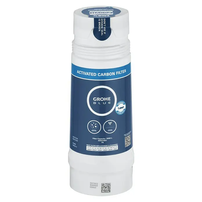 Grohe Blue Aktivkohlefilter - Passend für: Grohe Blue Home, Blue Professional & Blue Pure, Höhe: 23,4 cm - Abbildung eines Grohe Blue Aktivkohlefilters zur Wasseraufbereitung mit einer Kapazität von 3000 Litern für sauberes, wohlschmeckendes Wasser.