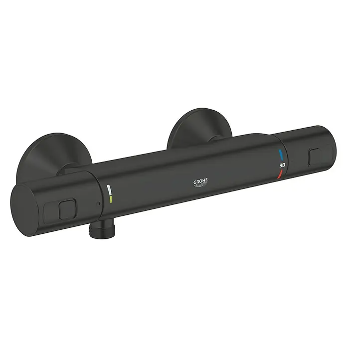 Grohe Start Brausethermostat Precision - Matt, Schwarz - Eine schwarze Grohe Duscharmatur mit Temperaturregler und Sicherheitsknopf für ein komfortables Duscherlebnis.