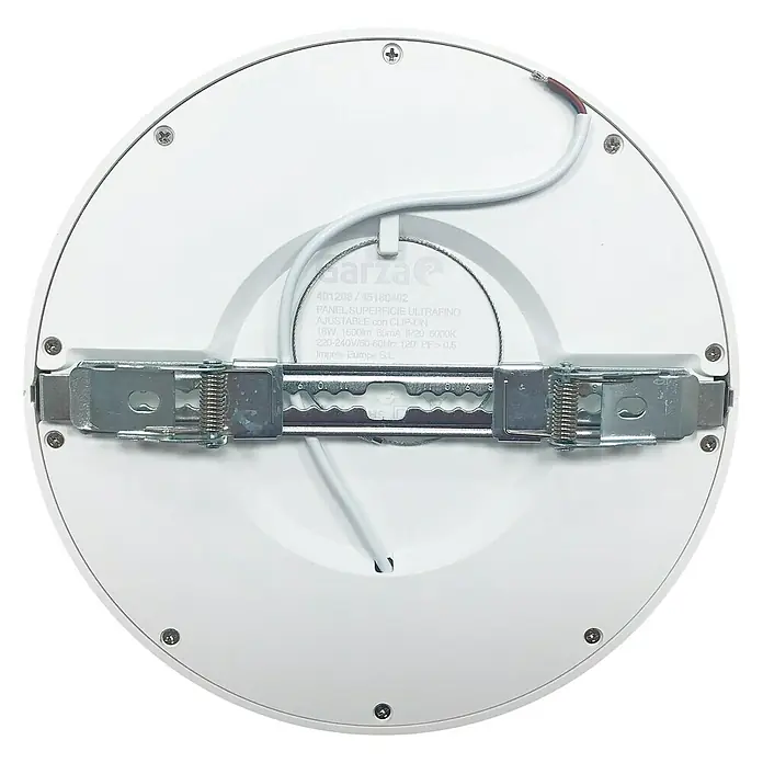 Garza Downlight empotrable LED redondo ajustable universal - 18 W, Color de luz: Blanco neutro, Diámetro: 22,5 cm, Blanco - Primer plano de una lámpara de techo LED redonda blanca con clips de montaje y cable de conexión visibles.