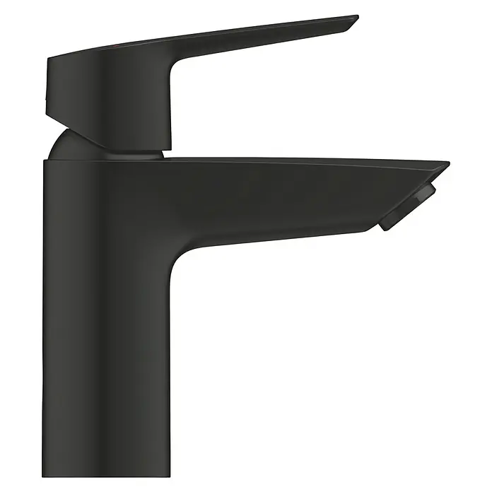 Grohe Start Waschtischarmatur S-Size - Ausladung Armatur: 109 mm, Matt, Schwarz - Eine Nahaufnahme eines eleganten, mattschwarzen Wasserhahns mit minimalistischem Design, perfekt für moderne Badezimmer und Küchen.