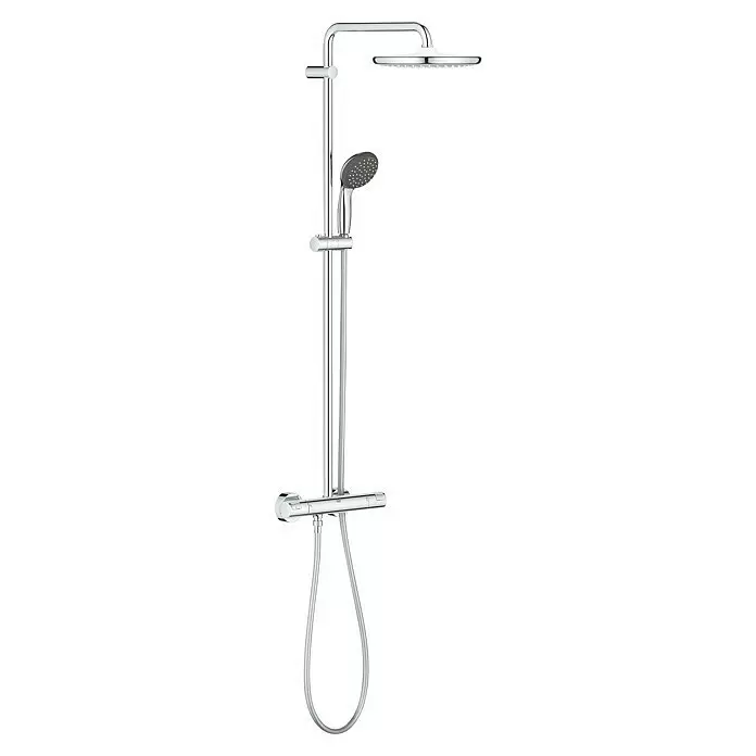 Grohe Vitalio Start Duschsystem 250 - Mit Thermostatarmatur, Lochabstand: 101,6 cm, Anzahl Strahlarten: 2 Stk., Chrom - Verchromtes Duschsystem mit Kopfbrause, Handbrause, Stange und Thermostatmischer.