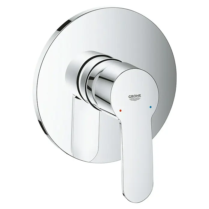 Grohe Eurostyle Cosmopolitan UP-Brausearmatur - Chrom, Glänzend - Nahaufnahme einer glänzenden, runden Grohe Armatur mit Hebel und roten/blauen Temperaturanzeigen vor schwarzem Hintergrund.