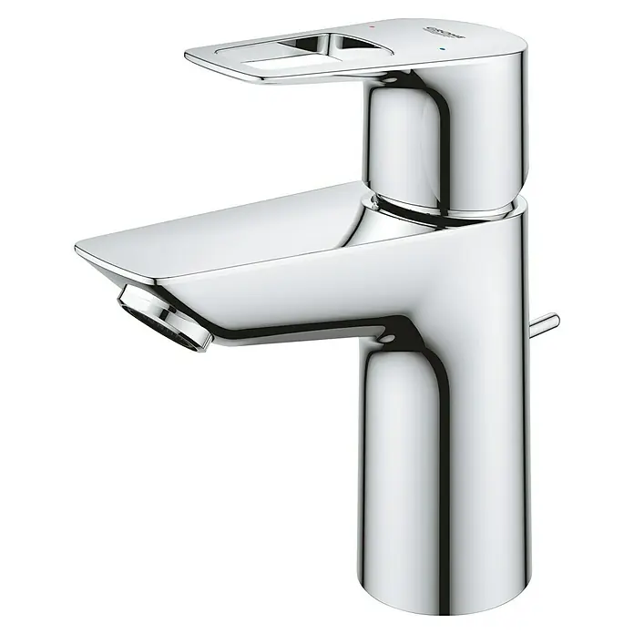 Grohe Start Loop Waschtischarmatur S-Size - Chrom, Glänzend, Mit Bügelhebel - Nahaufnahme eines verchromten Grohe Wasserhahns mit modernem Design, ideal für jedes Badezimmer.