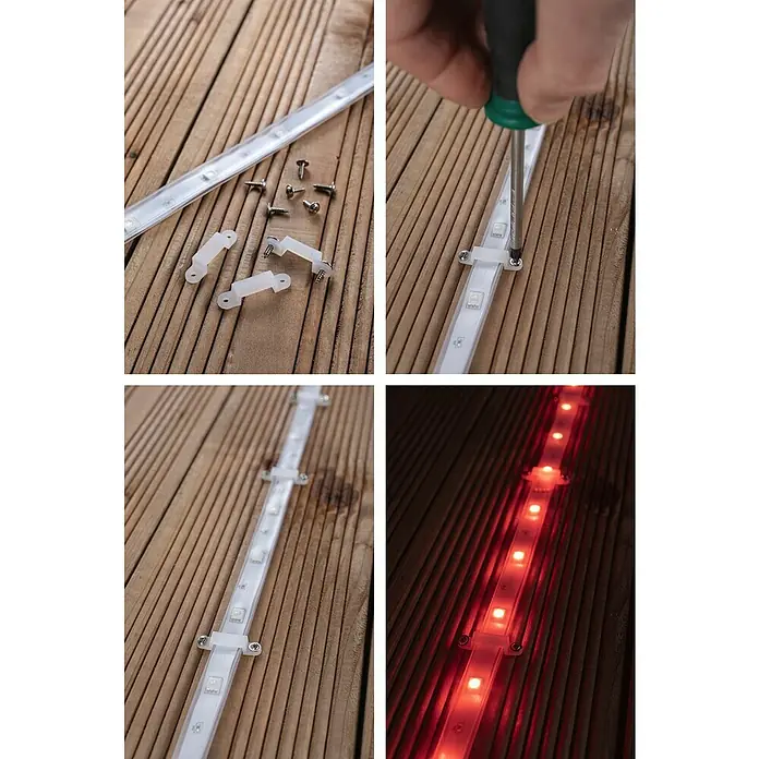 Paulmann SimpLED LED-Band-Set Outdoor RGB - Länge: 300 cm, Lichtfarbe: RGB, 11 W, 157 lm, 230 V - LED-Streifen wird mit Schrauben und Halterungen auf einer Holzoberfläche befestigt, danach leuchtet er rot.