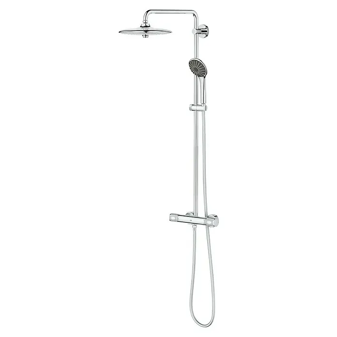 Grohe Vitalio Joy Duschsystem 260 - Mit Thermostatarmatur, Lochabstand: 100,5 cm, Anzahl Strahlarten: 3 Stk., Chrom - Duschsystem mit Kopf- und Handbrause in Chromoptik. Das System verfügt über eine Thermostatarmatur für eine konstante Wassertemperatur.