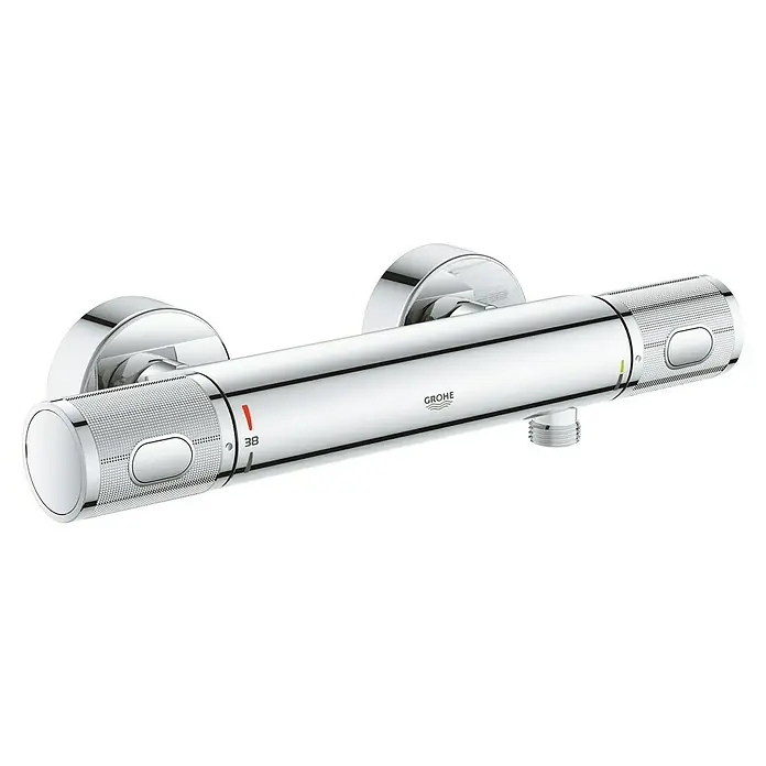 Grohe Precision Feel Brausethermostat - Chrom - Nahaufnahme einer Grohe Duscharmatur mit Thermostat, glänzend verchromt und mit Temperaturanzeige für ein modernes Badezimmer.