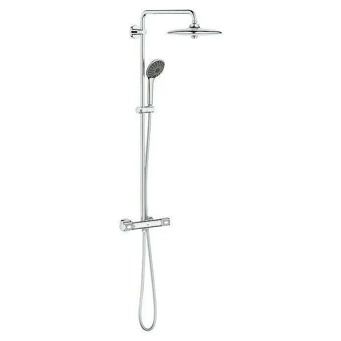 Grohe Vitalio Joy Duschsystem 260 - Mit Thermostatarmatur, Lochabstand: 100,5 cm, Anzahl Strahlarten: 3 Stk., Chrom - Brausegarnitur mit Kopf- und Handbrause. Das Set ist glänzend verchromt und bietet ein modernes Design für das Badezimmer.