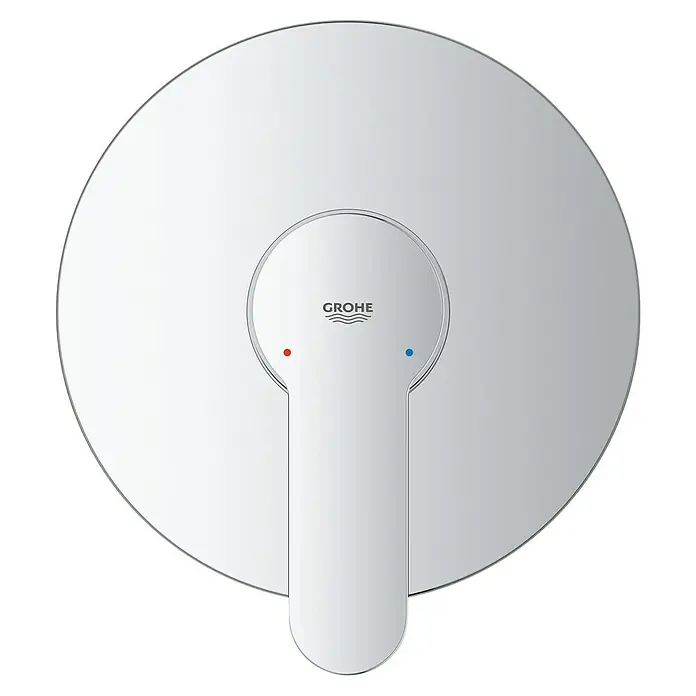 Grohe Eurostyle Cosmopolitan UP-Brausearmatur - Chrom, Glänzend - Nahaufnahme eines runden, verchromten Grohe-Mischers mit Temperaturanzeige. Sein schlichtes, modernes Design passt perfekt in jedes Badezimmer.