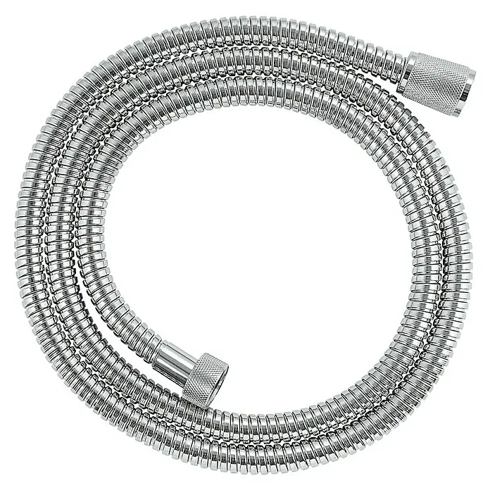Grohe Metall-Brauseschlauch - 150 cm, Chrom - Verchromter Brauseschlauch in einer kreisförmigen Form, isoliert auf schwarzem Hintergrund.