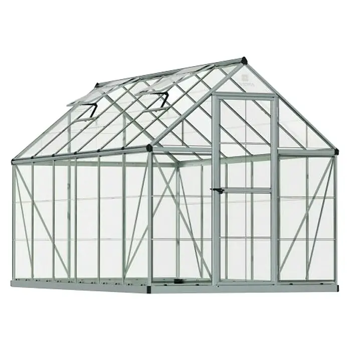 Palram – Canopia Invernadero Harmony - Medidas ext. (An x Pr): 185 x 370 cm, Plateado, Área: 6,8 m² - Imagen de un invernadero con marco plateado y paneles transparentes, diseñado para el cultivo de plantas.