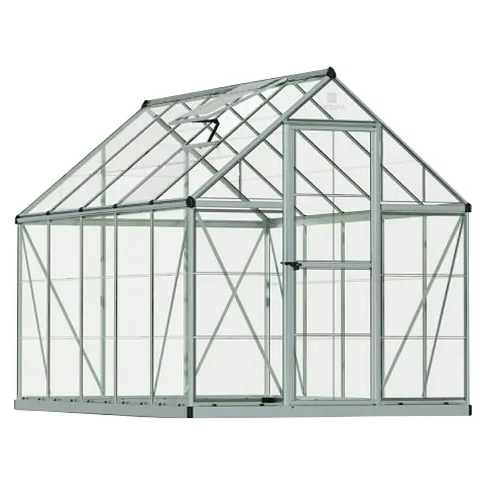 Palram – Canopia Invernadero Harmony - Medidas ext. (An x Pr): 185 x 306 cm, Plateado, Área: 5,6 m² - Una imagen detallada muestra un invernadero con paredes transparentes y un marco robusto, perfecto para el cultivo de plantas.