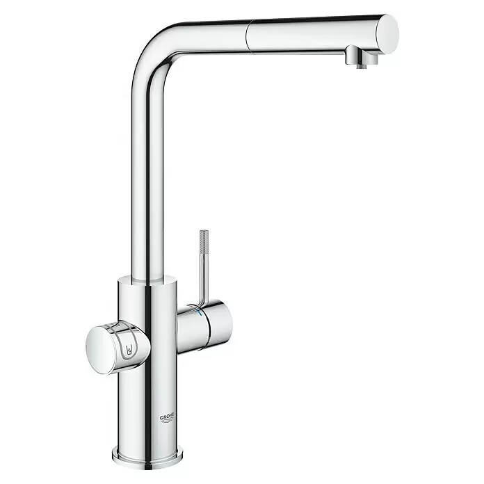 Grohe Spültischarmatur Blue Home - Höhe: 36,8 cm, L-Auslauf, Chrom, Glänzend, Schwenkbar - Chromfarbene Küchenarmatur mit Ausziehbrause, L-förmigem Auslauf und separater Strahlkontrolle.